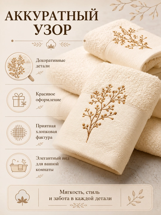 Vanna, yuz va qo‘llar uchun mo‘ljallangan, 3 tasi 1 da, kashta tikilgan, 100% paxta tolali paxmoq sochiqlar to‘plami, 460 g/m2