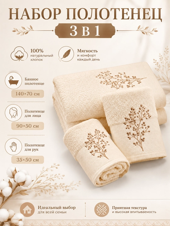 Vanna, yuz va qo‘llar uchun mo‘ljallangan, 3 tasi 1 da, kashta tikilgan, 100% paxta tolali paxmoq sochiqlar to‘plami, 460 g/m2 - 