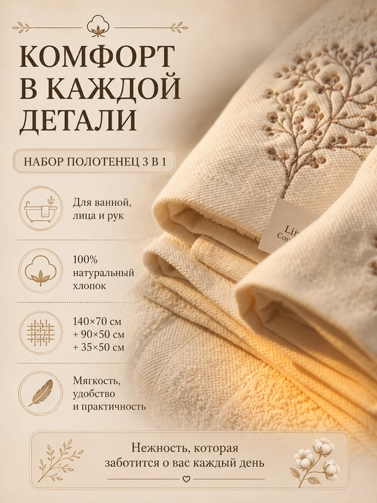 Vanna, yuz va qo‘llar uchun mo‘ljallangan, 3 tasi 1 da, kashta tikilgan, 100% paxta tolali paxmoq sochiqlar to‘plami, 460 g/m2