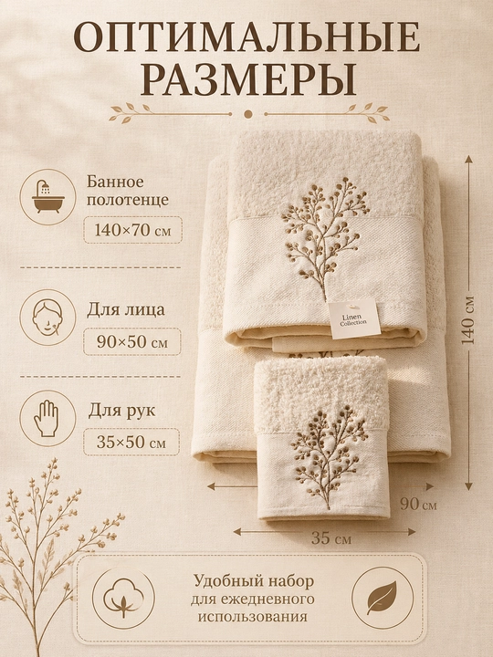 Vanna, yuz va qo‘llar uchun mo‘ljallangan, 3 tasi 1 da, kashta tikilgan, 100% paxta tolali paxmoq sochiqlar to‘plami, 460 g/m2