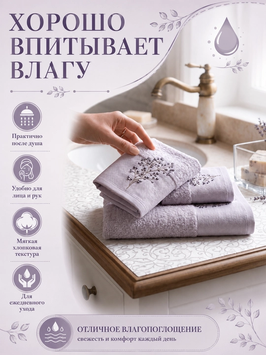 Vanna, yuz va qo‘llar uchun mo‘ljallangan, 3 tasi 1 da, kashta tikilgan, 100% paxta tolali paxmoq sochiqlar to‘plami, 460 g/m2