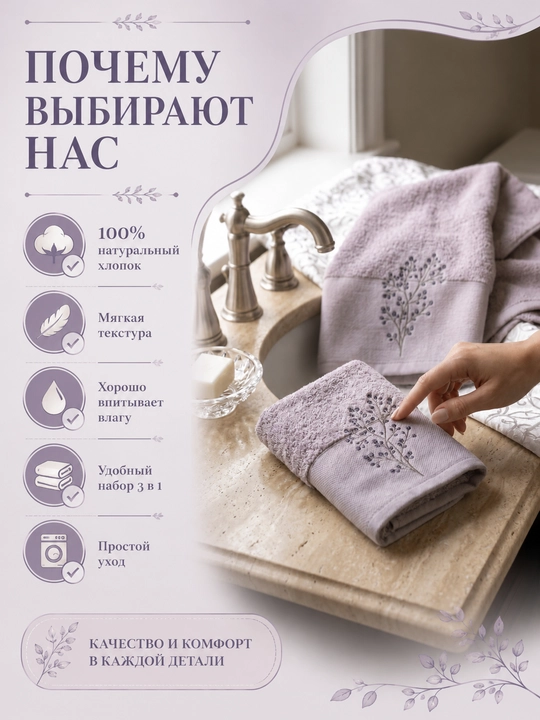 Vanna, yuz va qo‘llar uchun mo‘ljallangan, 3 tasi 1 da, kashta tikilgan, 100% paxta tolali paxmoq sochiqlar to‘plami, 460 g/m2