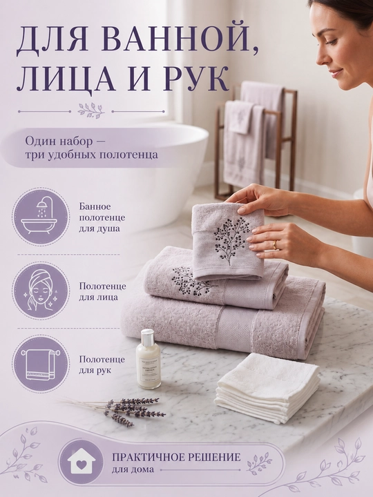 Vanna, yuz va qo‘llar uchun mo‘ljallangan, 3 tasi 1 da, kashta tikilgan, 100% paxta tolali paxmoq sochiqlar to‘plami, 460 g/m2