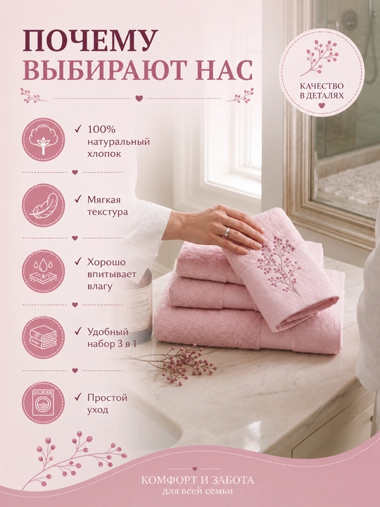 Vanna, yuz va qo‘llar uchun mo‘ljallangan, 3 tasi 1 da, kashta tikilgan, 100% paxta tolali paxmoq sochiqlar to‘plami, 460 g/m2