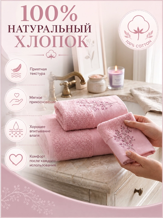 Vanna, yuz va qo‘llar uchun mo‘ljallangan, 3 tasi 1 da, kashta tikilgan, 100% paxta tolali paxmoq sochiqlar to‘plami, 460 g/m2