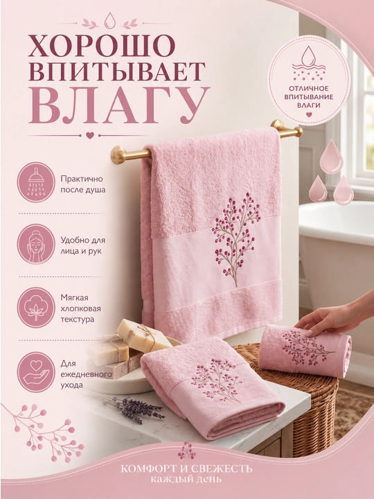Vanna, yuz va qo‘llar uchun mo‘ljallangan, 3 tasi 1 da, kashta tikilgan, 100% paxta tolali paxmoq sochiqlar to‘plami, 460 g/m2