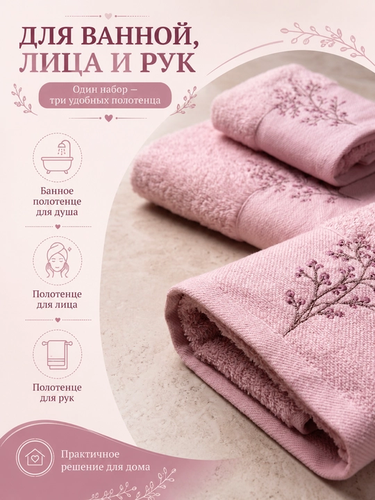 Vanna, yuz va qo‘llar uchun mo‘ljallangan, 3 tasi 1 da, kashta tikilgan, 100% paxta tolali paxmoq sochiqlar to‘plami, 460 g/m2