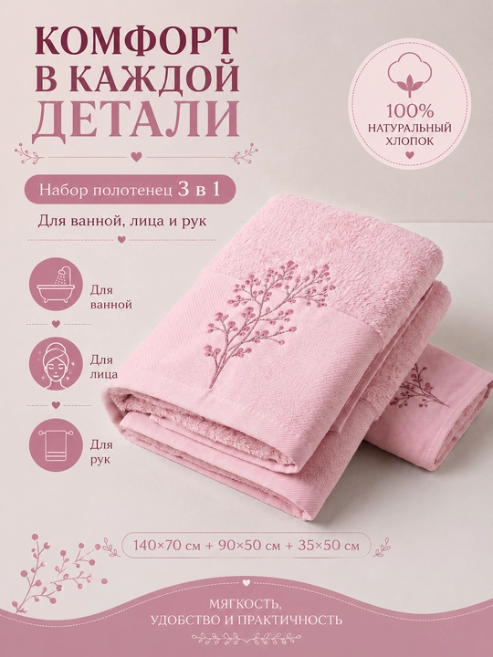 Vanna, yuz va qo‘llar uchun mo‘ljallangan, 3 tasi 1 da, kashta tikilgan, 100% paxta tolali paxmoq sochiqlar to‘plami, 460 g/m2
