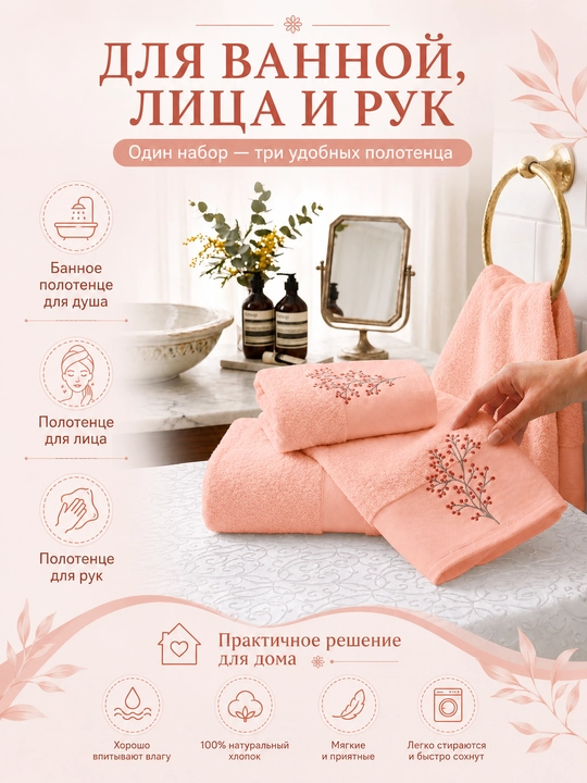 Vanna, yuz va qo‘llar uchun mo‘ljallangan, 3 tasi 1 da, kashta tikilgan, 100% paxta tolali paxmoq sochiqlar to‘plami, 460 g/m2