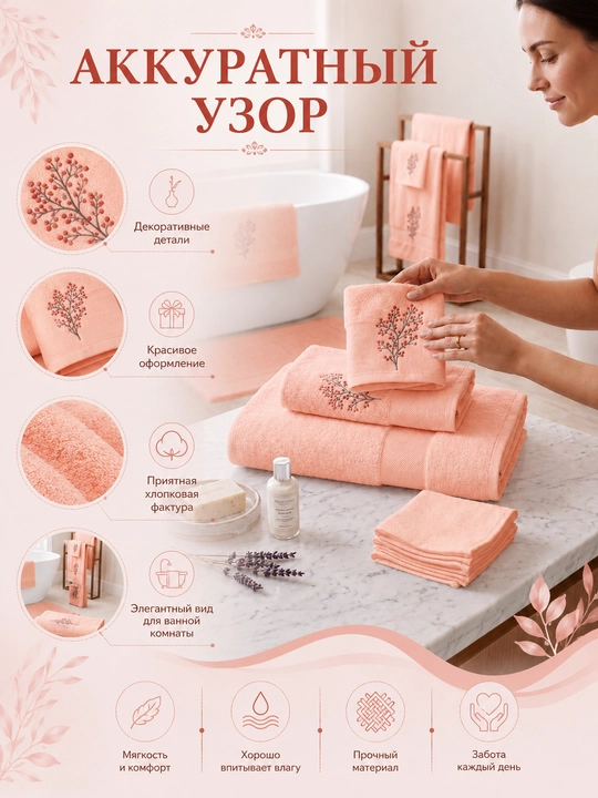 Vanna, yuz va qo‘llar uchun mo‘ljallangan, 3 tasi 1 da, kashta tikilgan, 100% paxta tolali paxmoq sochiqlar to‘plami, 460 g/m2
