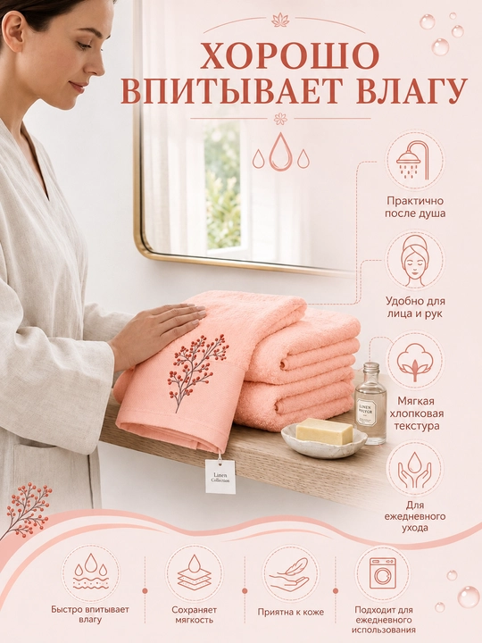 Vanna, yuz va qo‘llar uchun mo‘ljallangan, 3 tasi 1 da, kashta tikilgan, 100% paxta tolali paxmoq sochiqlar to‘plami, 460 g/m2