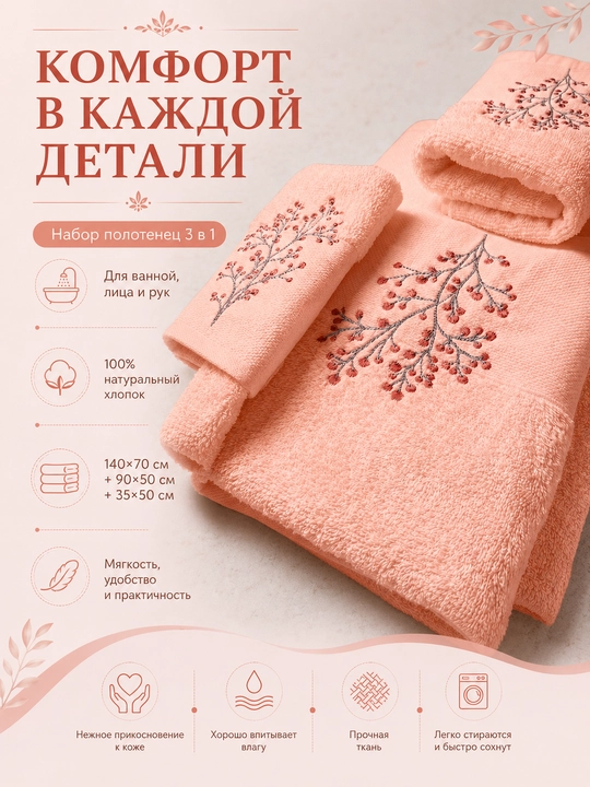 Vanna, yuz va qo‘llar uchun mo‘ljallangan, 3 tasi 1 da, kashta tikilgan, 100% paxta tolali paxmoq sochiqlar to‘plami, 460 g/m2