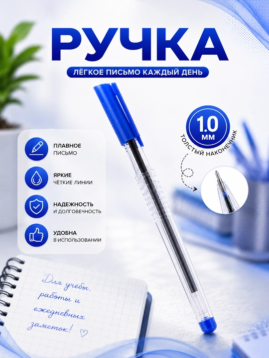 Sharikli ruchkalar, ko‘k, 1,0 mm, to‘plami 2 dona, 5 dona, qalin uchli, maktab, ofis va o‘qish uchun mo‘ljallangan - 