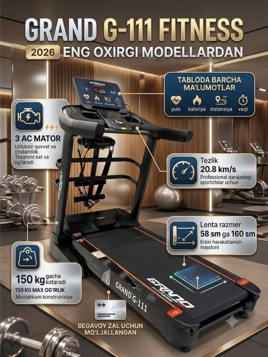 Professional yugurish yo'lakchasi Grand Fitness, Sport zallari uchun, 3 AC 150 kggacha - 