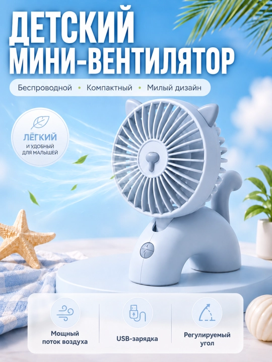 Детский мини-вентилятор котик USB тихий портативный с регулировкой и поворотом - 