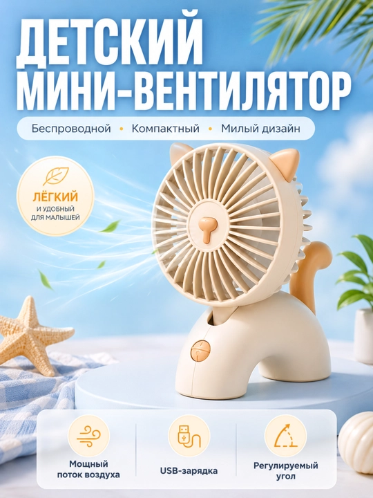 Детский мини-вентилятор котик USB тихий портативный с регулировкой и поворотом - 