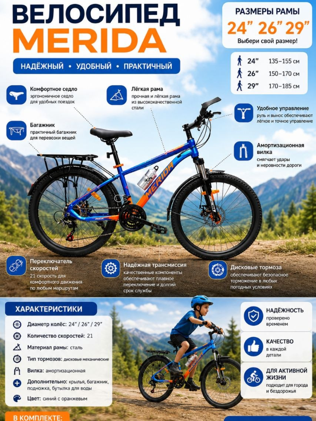 Горный велосипед MERIDA, 21 скорость, с амортизационной вилкой и багажником (24"/26"/29") - 