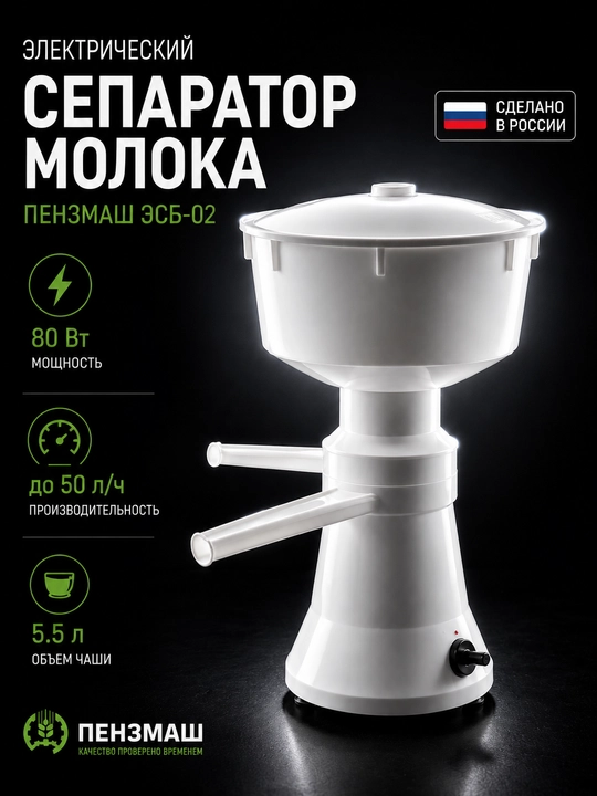 Sutni qaymoq va yog‘siz sutga ajratuvchi elektr separator Penzmash ESB-02, 50 l/soat - 