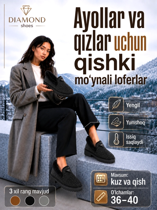 Ayollar va qizlar uchun qishki mo‘ynali loferlar — malomerka, bir o‘lcham kattasini oling - 