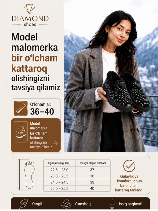 Ayollar va qizlar uchun qishki mo‘ynali loferlar — malomerka, bir o‘lcham kattasini oling