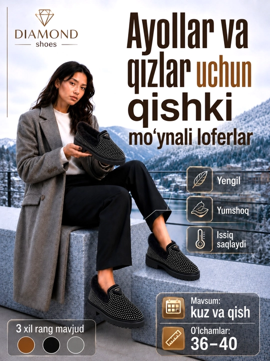 Ayollar va qizlar uchun qishki mo‘ynali loferlar — malomerka, bir o‘lcham kattasini oling - 