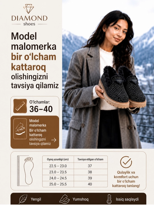 Ayollar va qizlar uchun qishki mo‘ynali loferlar — malomerka, bir o‘lcham kattasini oling
