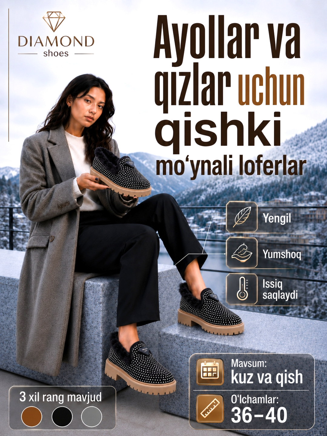 Ayollar va qizlar uchun qishki mo‘ynali loferlar — malomerka, bir o‘lcham kattasini oling - 
