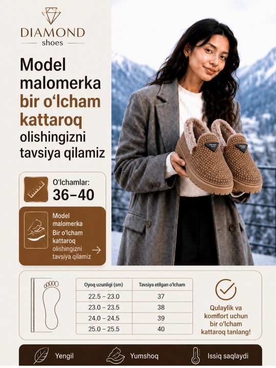 Ayollar va qizlar uchun qishki mo‘ynali loferlar — malomerka, bir o‘lcham kattasini oling