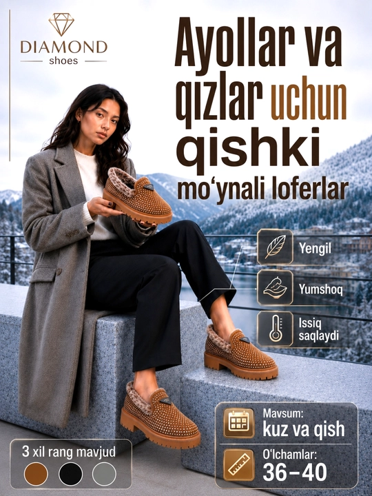 Ayollar va qizlar uchun qishki mo‘ynali loferlar — malomerka, bir o‘lcham kattasini oling - 