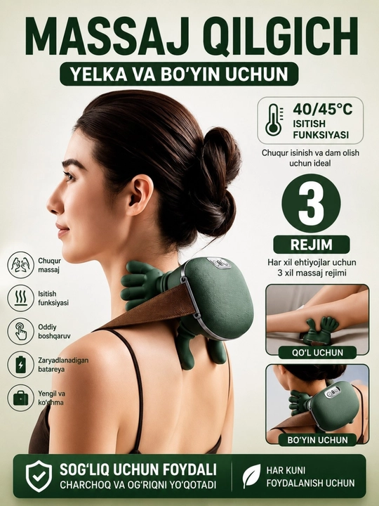 Bo‘yin oyoq yelka bel uchun simsiz massajer 3 ta rejim butun tana uchun stressni yo‘qotadi