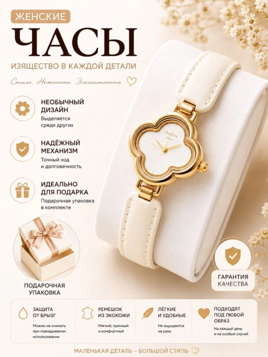 Женские наручные часы-браслет с цветочным циферблатом, кожаный ремешок, стильный аксессуар - 