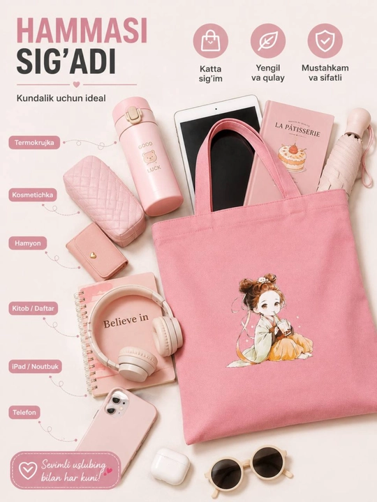 Qizlar uchun xarid sumkasi matoli sumka universitet maktab va kundalik foydalanish uchun