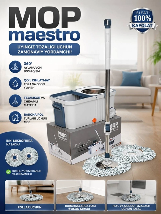 Spin mop, maestro mop, aylanuvchi mop, mop chelak, pol artish, mikrofibra mop - 