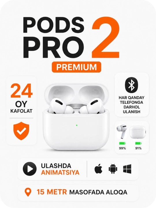 Simsiz quloqchinlar Pods Pro 2 Premium, sensorli, iPhone va Android uchun naushnik