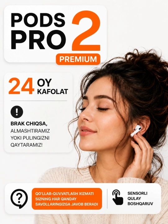 Simsiz quloqchinlar Pods Pro 2 Premium, sensorli, iPhone va Android uchun naushnik