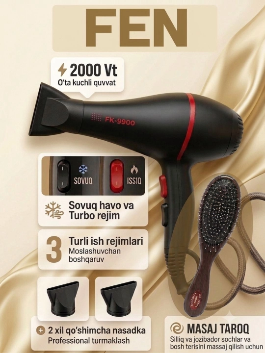 Soch quritish va parvarishlash uchun FaKang ION FK-9900 fen - 