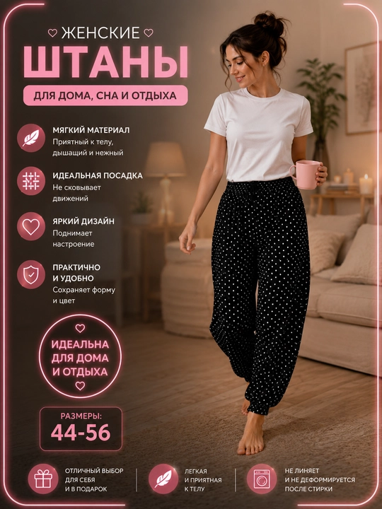 Yumshoq paxta matosidan ayollar uchun uyda kiyiladigan shalvar (standart o‘lchamlar 44-56) - 