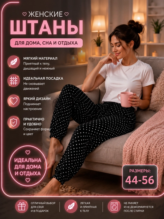 Женские хлопковые брюки для дома из мягкой хлопковой ткани (стандартные размеры 44–56)