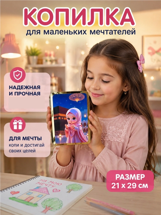 Копилка детская деревянная для денег с исламским рисунком - 
