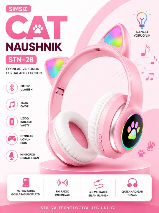 Simsiz Bluetooth quloqchinlar STN-28, yoritiladigan mushuk quloqlari bilan - 