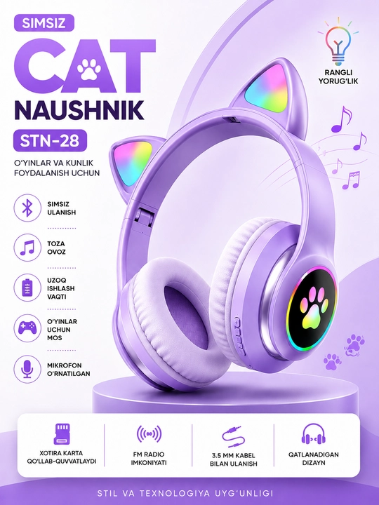 Simsiz Bluetooth quloqchinlar STN-28, yoritiladigan mushuk quloqlari bilan - 