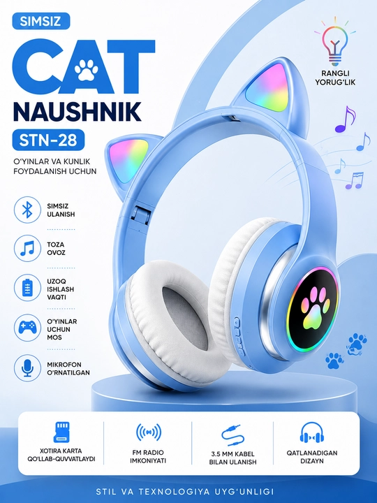 Simsiz Bluetooth quloqchinlar STN-28, yoritiladigan mushuk quloqlari bilan - 