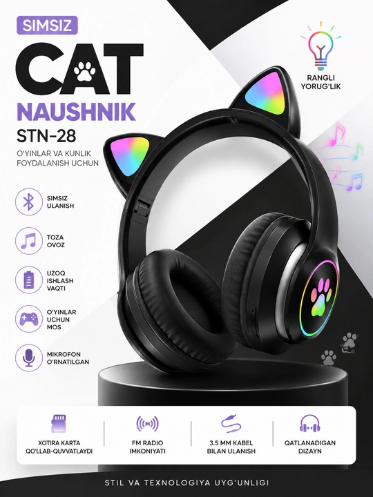 Simsiz Bluetooth quloqchinlar STN-28, yoritiladigan mushuk quloqlari bilan - 
