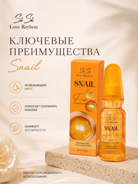Спрей-фиксатор макияжа Si Si Love Rayhon, 180 мл, Snail, Hyaluronic Acid