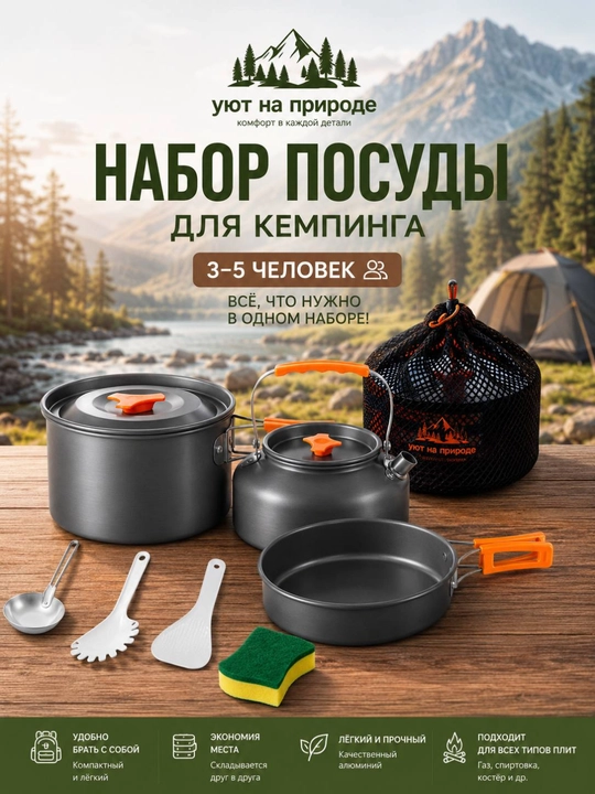 Набор туристической посуды, 3-в-1, для кемпинга (3–5 человек) - 