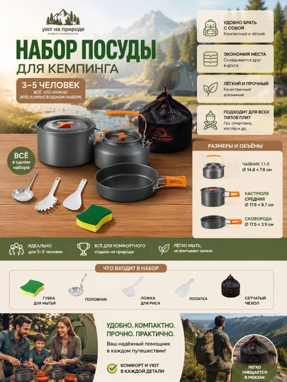 Набор туристической посуды, 3-в-1, для кемпинга (3–5 человек)
