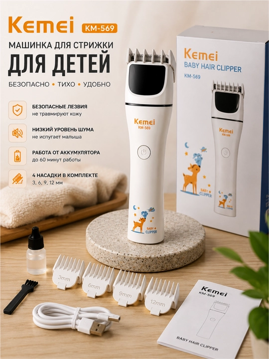Детская машинка для стрижки волос Kemei KM-569, беспроводной триммер