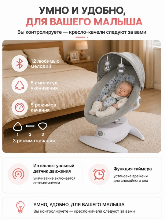 Avtomatik tebratish, pult va 360° aylanishli elektr bolalar belanchagi