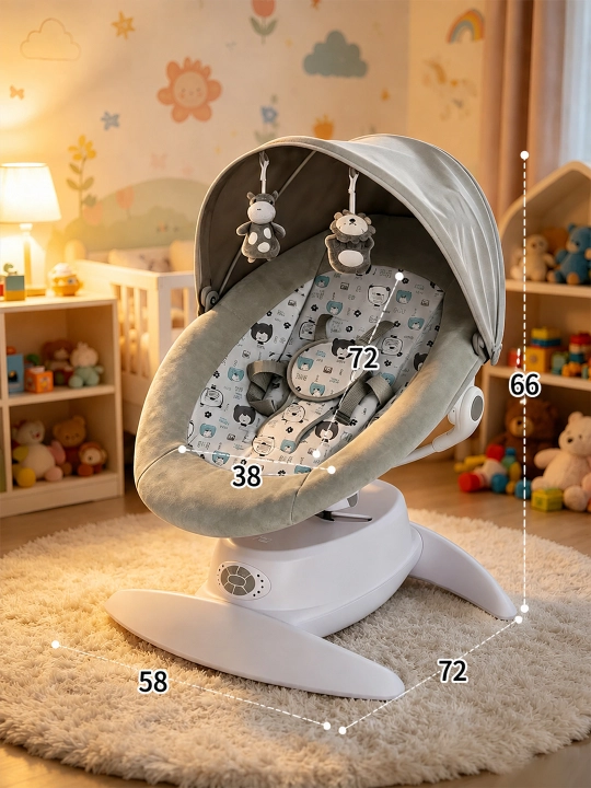 Avtomatik tebratish, pult va 360° aylanishli elektr bolalar belanchagi