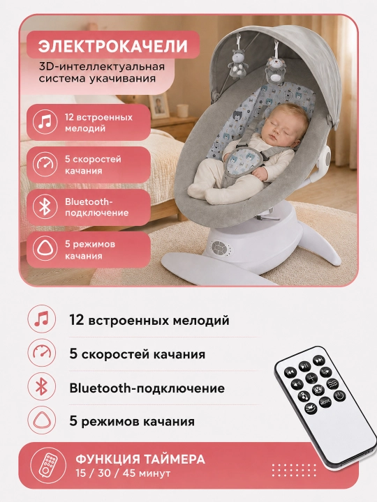 Avtomatik tebratish, pult va 360° aylanishli elektr bolalar belanchagi